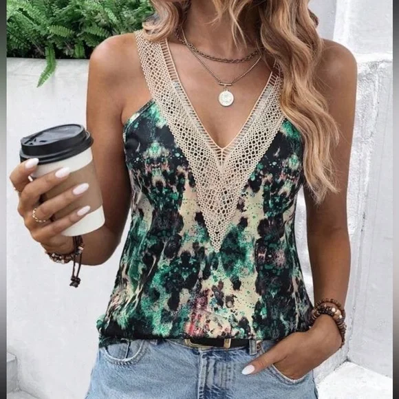 Brand new Teal Leopard Tan Lace Vneck Tank! - Picture 4 of 12